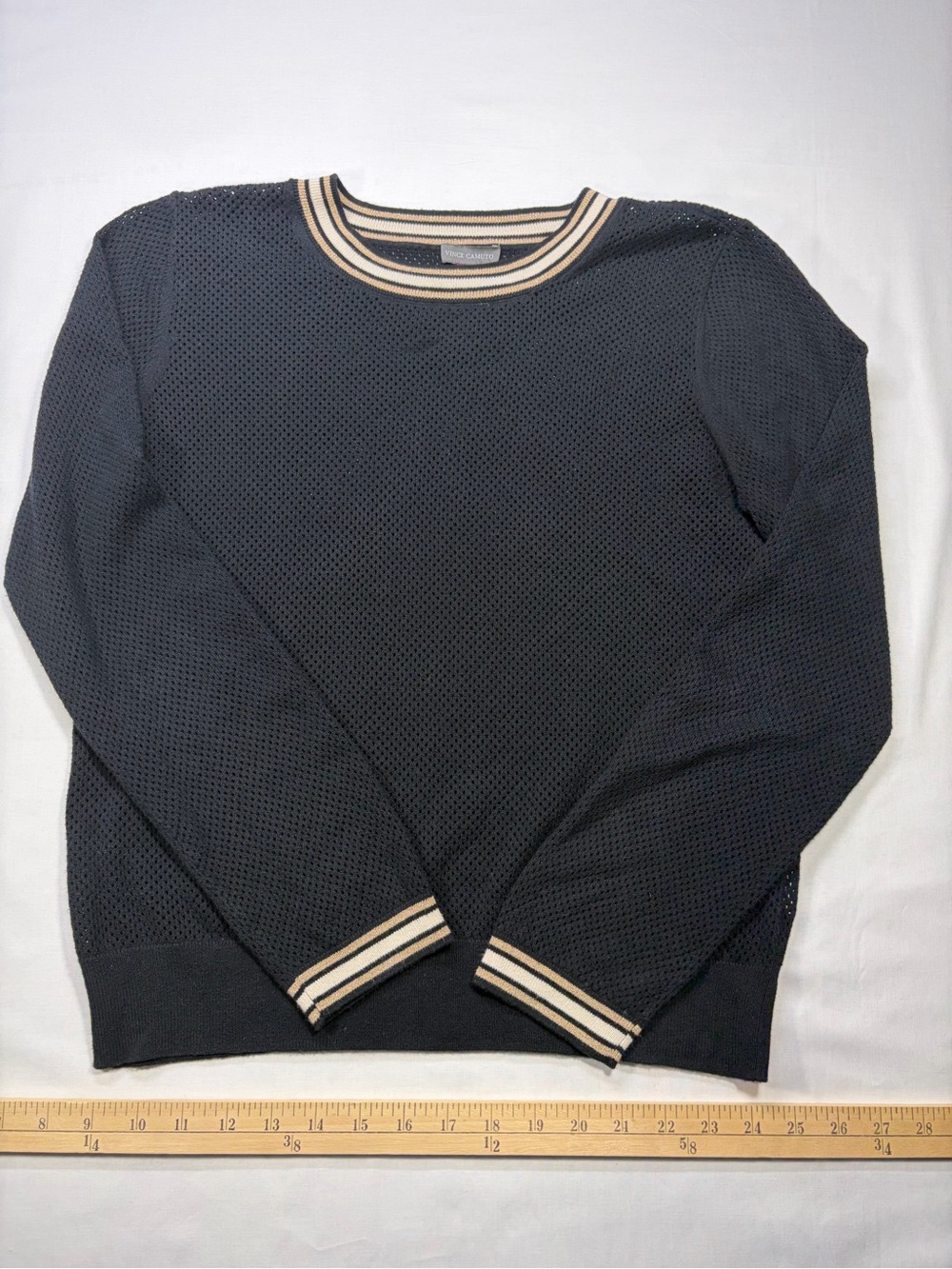 Vince Camuto Black Crewneck Sweater with Cream and Tan Stripe Trim